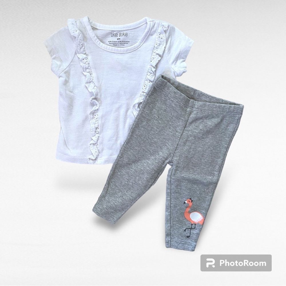 6 Month Carters Flamingo Leggings with White Ruffled Shirt Outfit Bundle